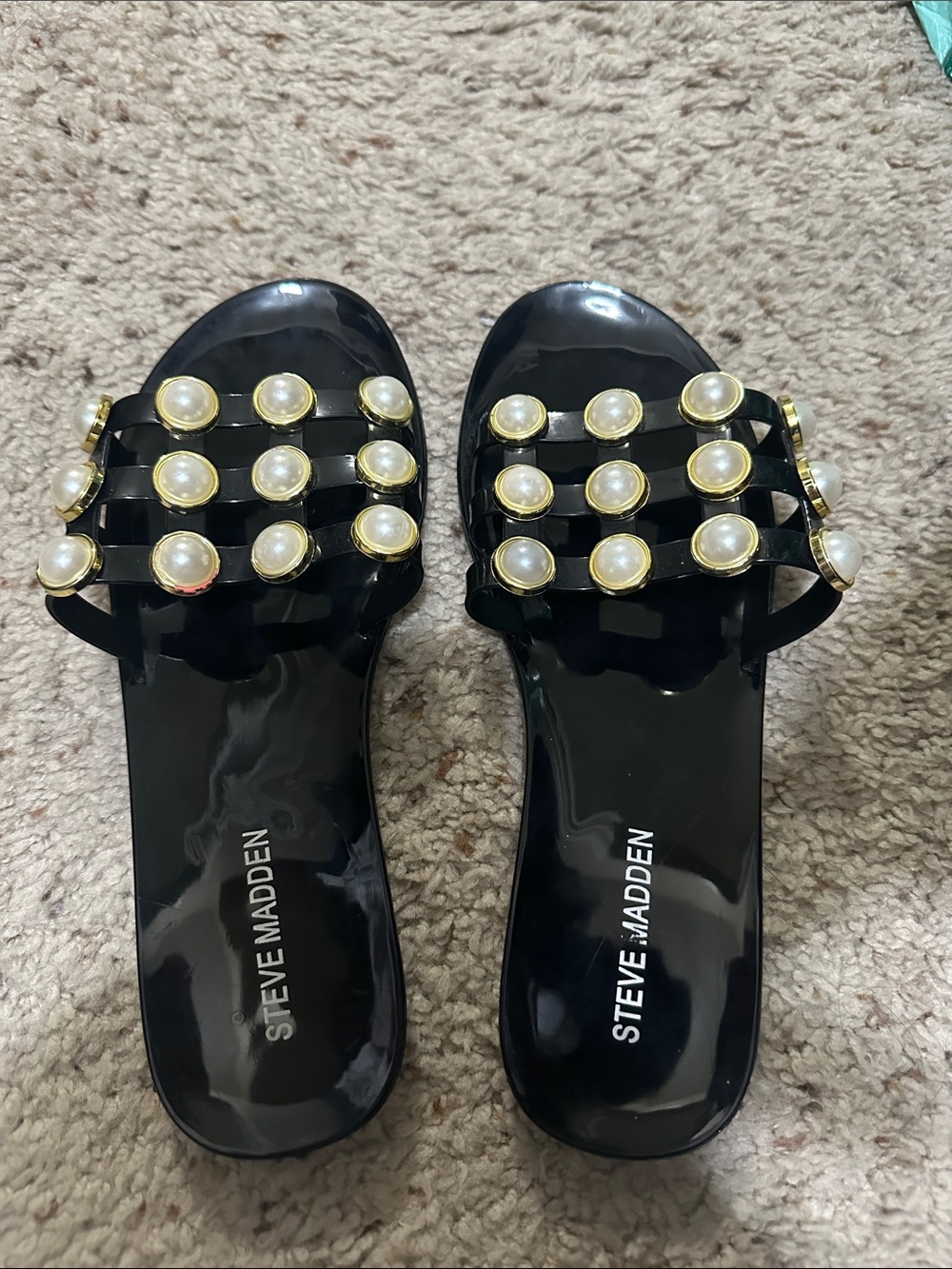 Steve Madden Black “Jelly” Sandals with Pearl & Gold Accents